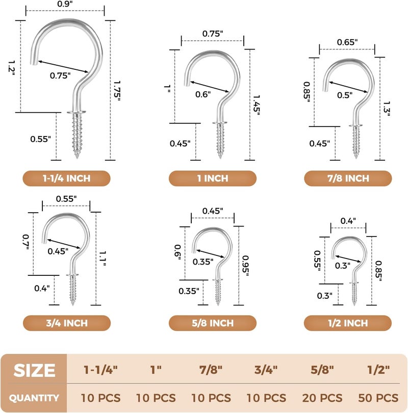 RELBRO Screw Hooks, 6 Sizes Metal Screw in Cup Hooks, 1/2 Inch, 5/8 Inch, 3/4 Inch, 7/8 Inch, 1 Inch, 1-1/4 Inch, Silver, 110 Pcs - Image 3